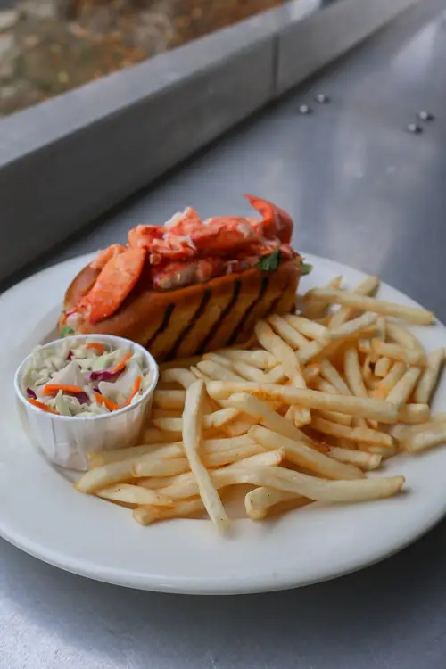 Lobster roll with fries and coleslaw