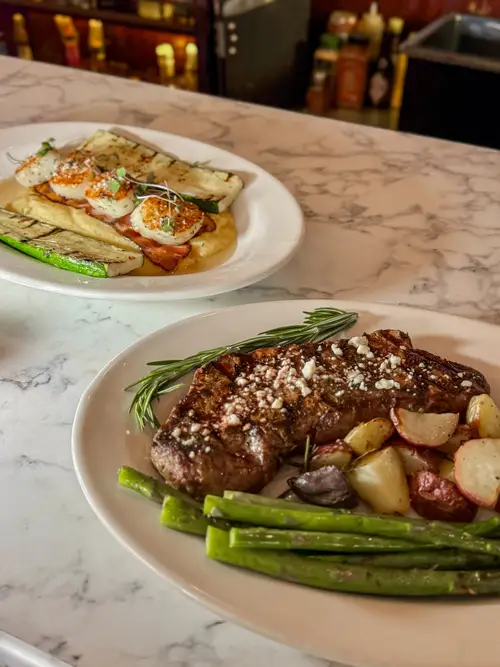 Sirloin and bacon-wrapped scallops